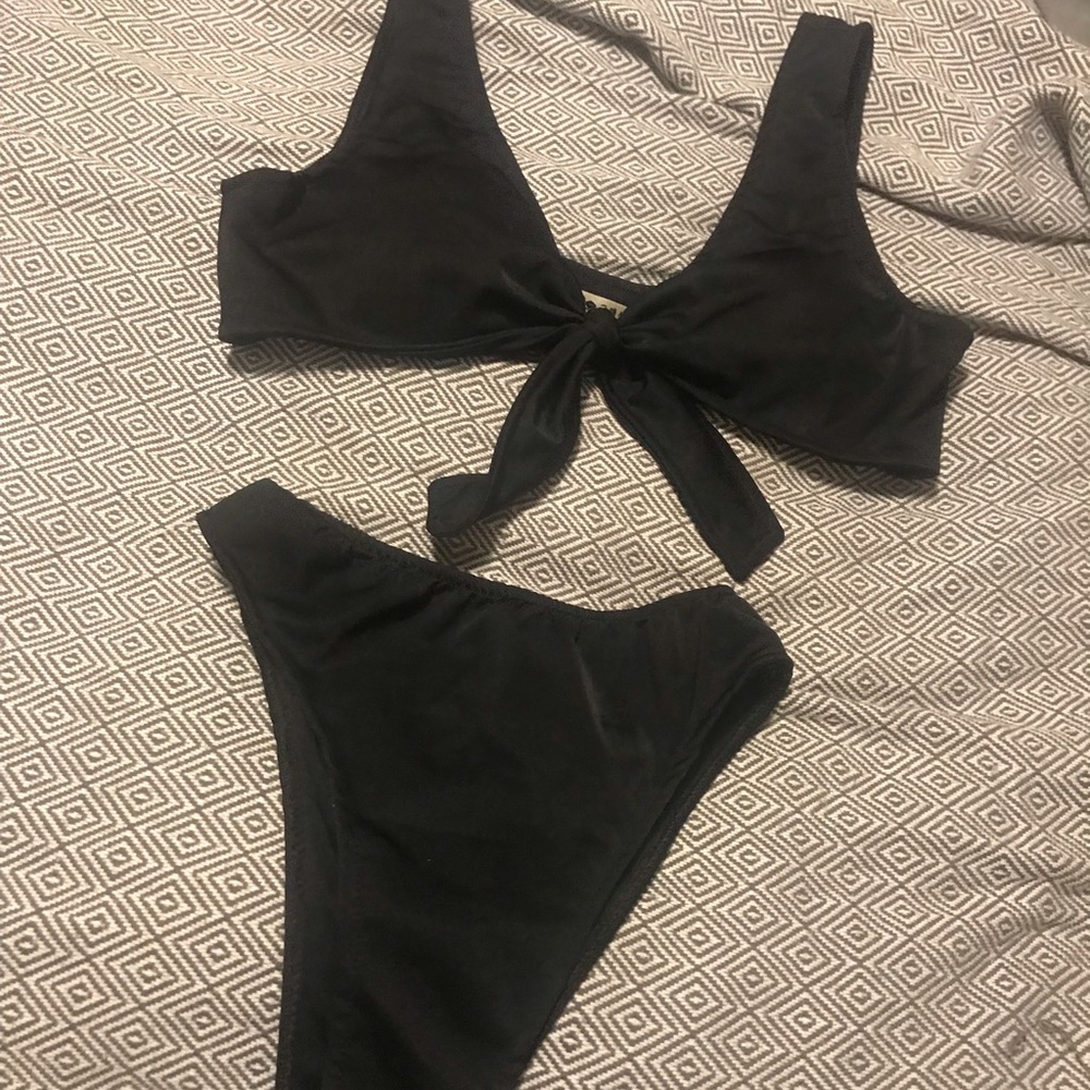 Black high waisted front tie top bikini
